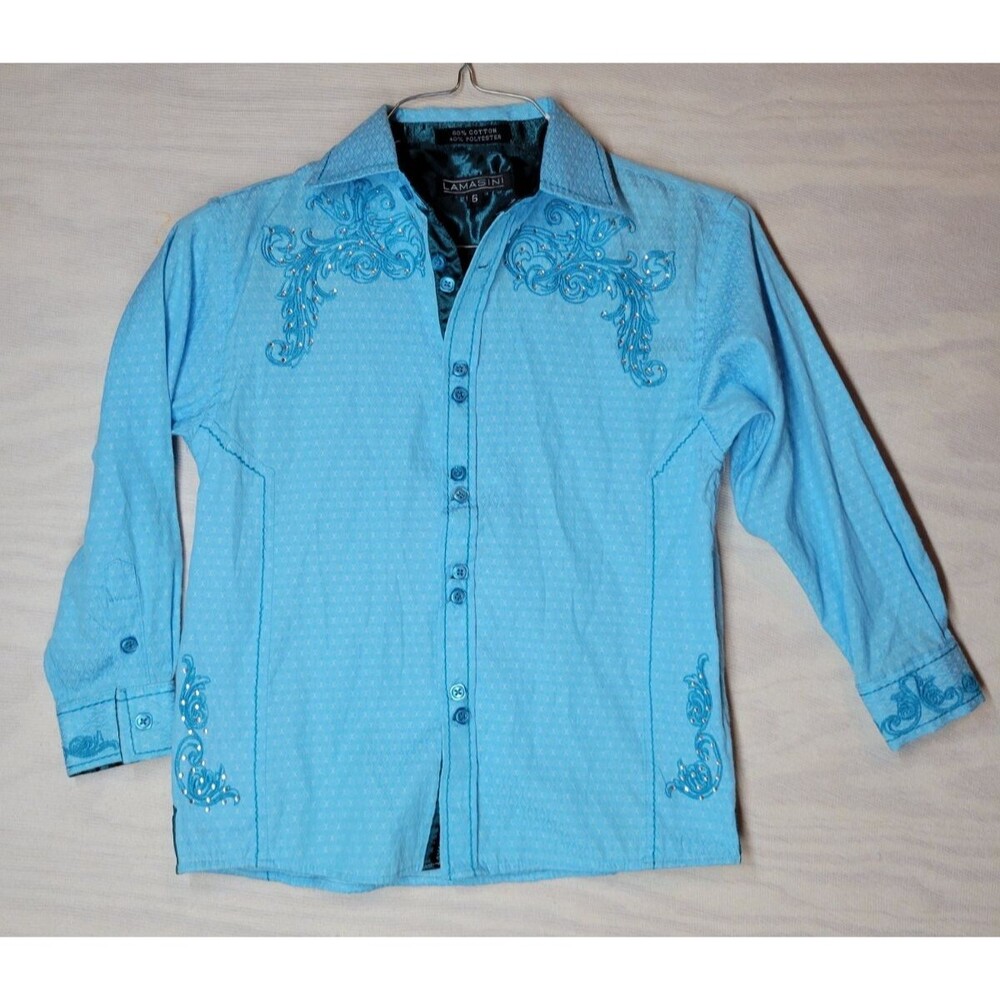 Lamasini Boys Size 6 Western Shirt Long Sleeve Embroidered Rhinestones Blue